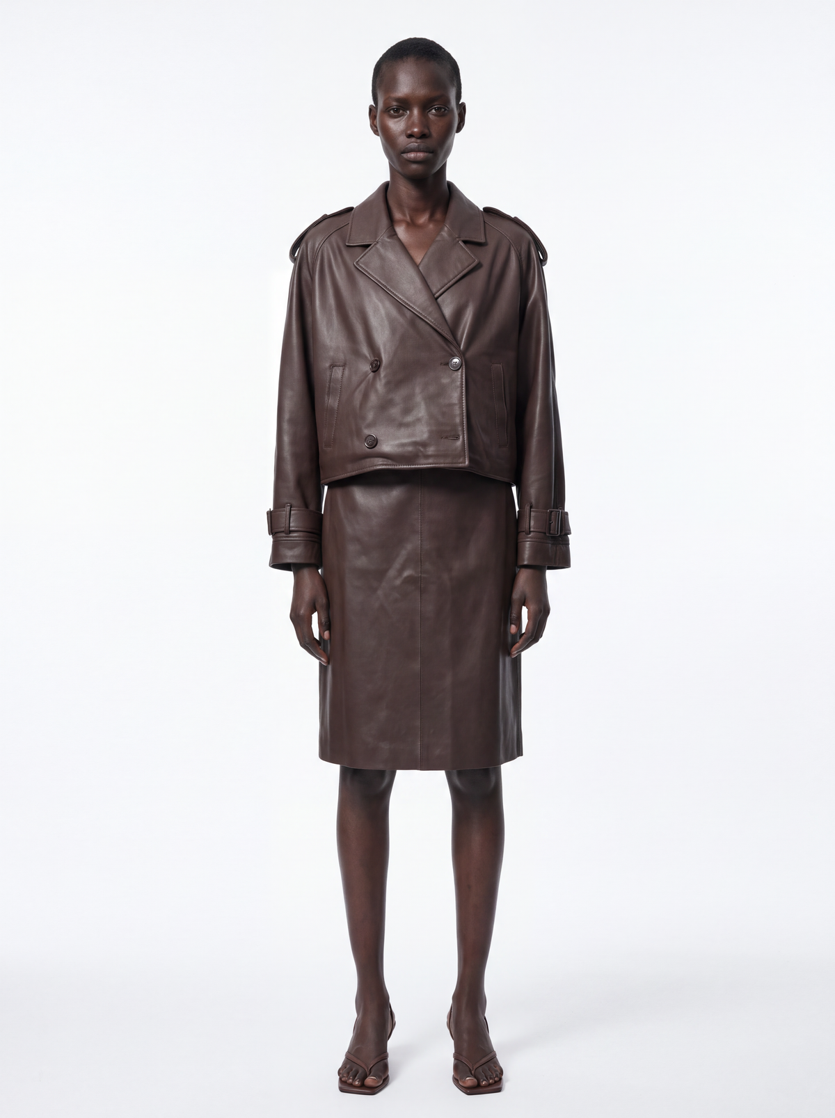 Trench doppiopetto crop pelle - moro